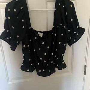 H&M Black Polka Dot Square Neck Smocked Crop Top